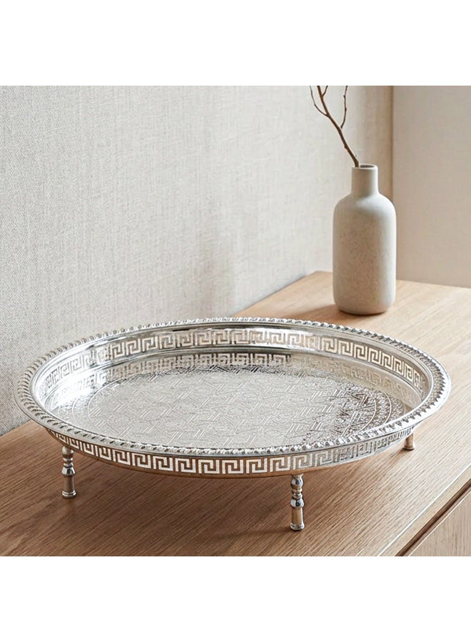 Si Bonne Premium Round Silver Decorative Serving Tray with Raised Legs and Engraved Pattern - Image 2